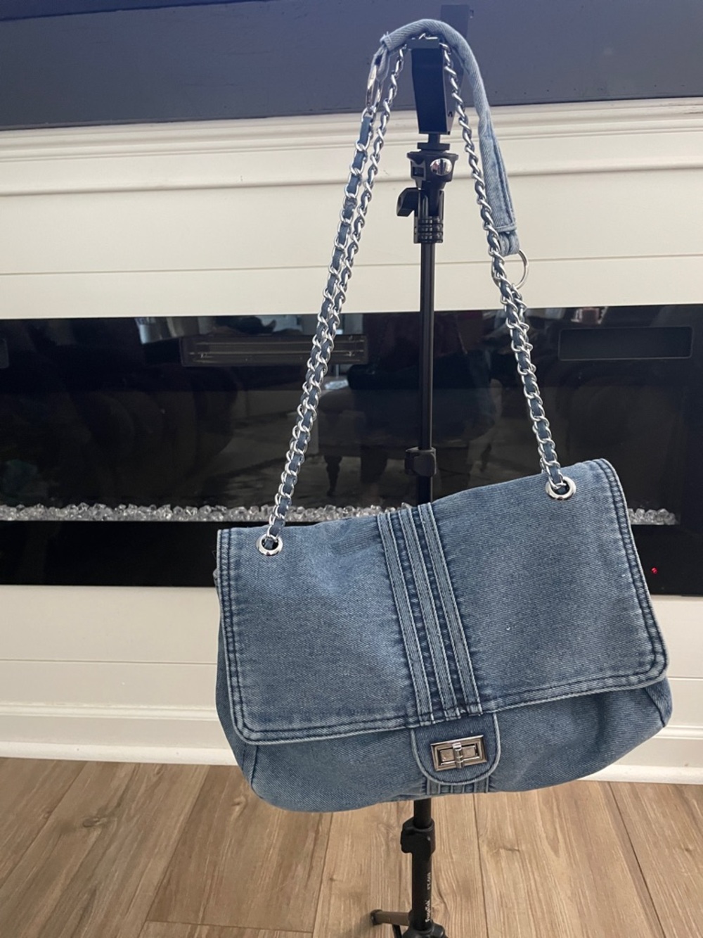 Denim Chain-Handle Shoulder Bag - Blue